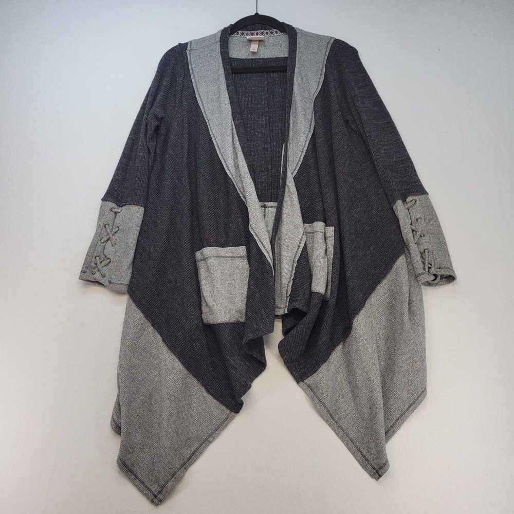 Knox Rose Cardigan Womens Small Gray Boho Lace Up Cuff Colorblock Handkerchief
